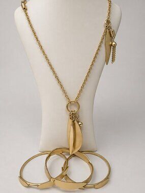Chico’s Asymmetrical Gold Tone Layered Necklace 3 Bangle Set Fringe Dangle Boho